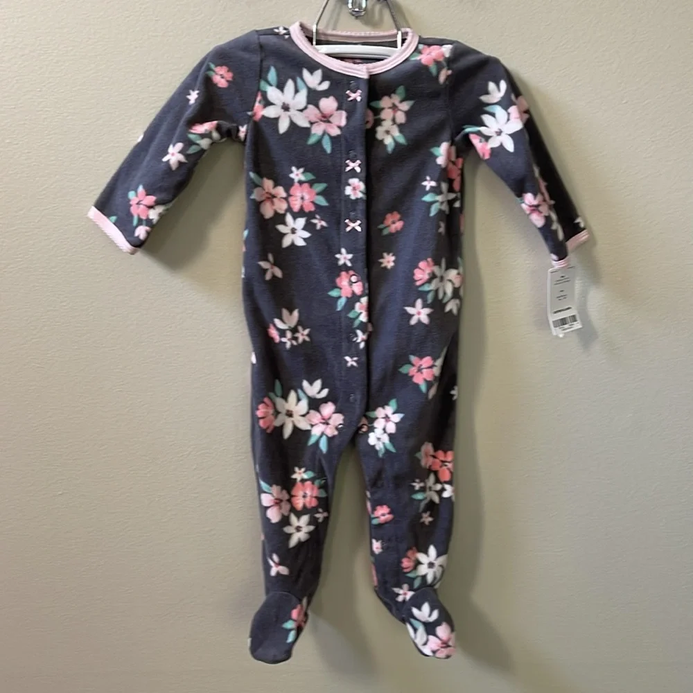 Carter's Baby Cozy Pajamas, Dark Grey with Pink & Coral Flower Print, Sz 9 Month